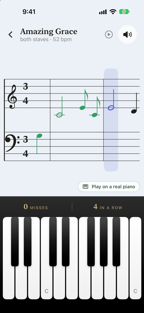 Playing Amazing Grace on the grand staff: the notes played so far are green