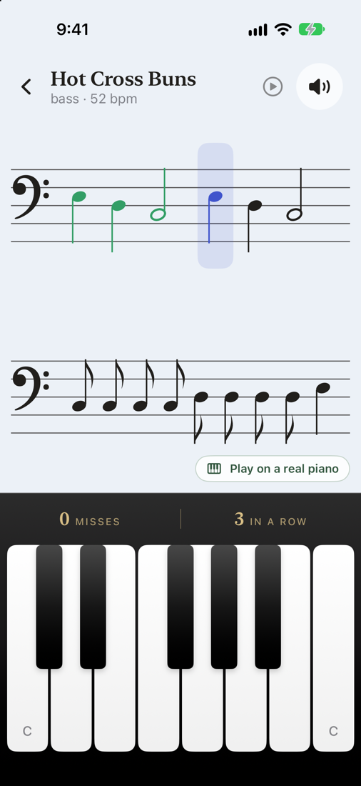 Hot Cross Buns in the bass clef, three notes in
